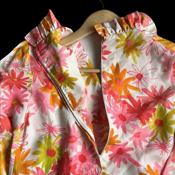 Vintage Carol Brent Pink Floral Print Ruffle Neckline Top - Picture 8 of 9
